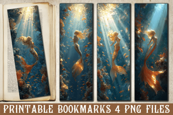 Golden Mermaid Underwater Bookmark PNG