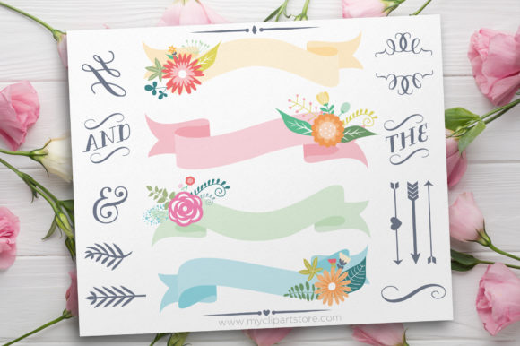 Spring Flowers Ribbons Clipart for Graphics and Illustrations